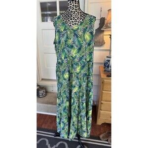 Lands End Womens Sleeveless Tiered Maxi Dress Baltic Teal Multi Palm Green 2X